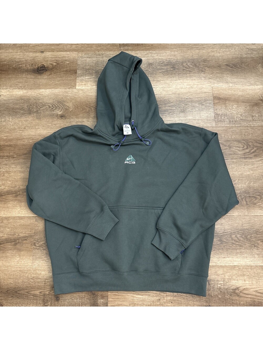 Nike ACG Men's Green Fleece Pullover Hoodie Cotton Blend Logo Pockets Mens Large